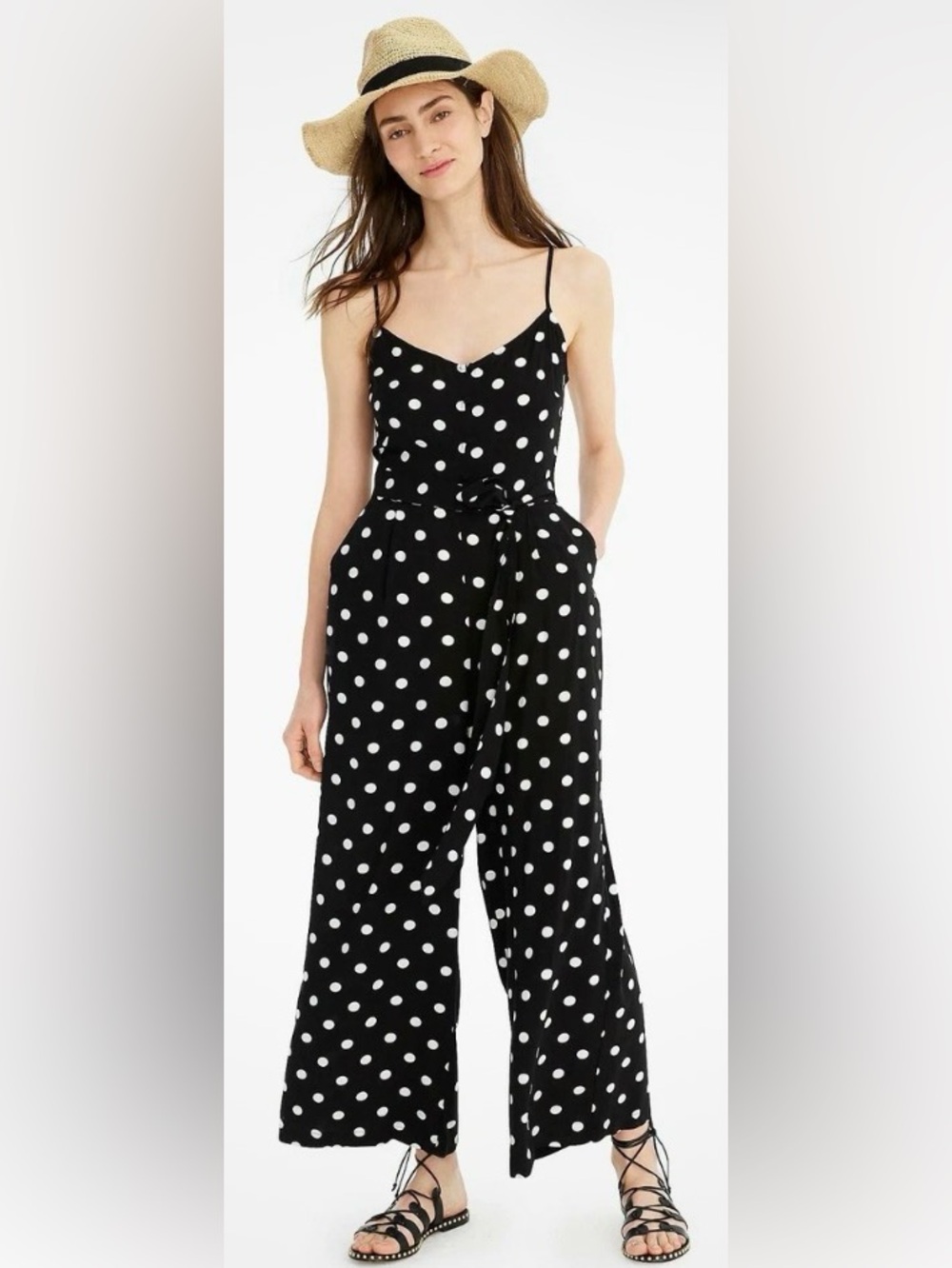 J.Crew Black White Polka Dot Tie Waist Jumpsuit Womens Size 0